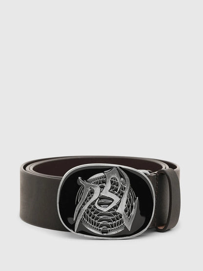 Dark brown leather belt with circular metal buckle featuring engraved snake graphic