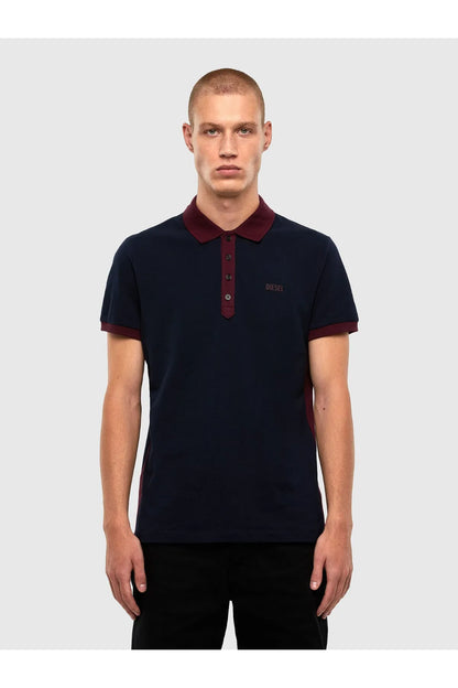 Dark blue polo shirt with maroon collar and button placket, chest logo
