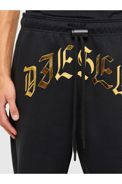 Black joggers with gold logo graphic, drawstring and elastic waistband.