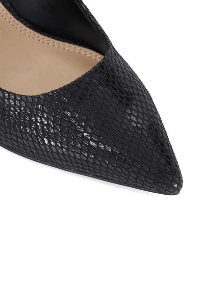 Dune London black textured pointed toe high-heel shoe close-up