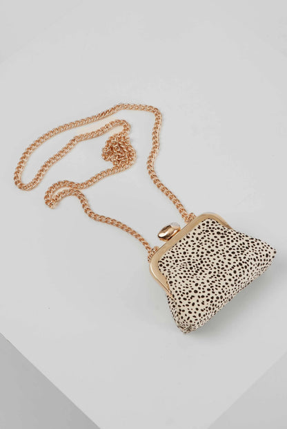 Leopard print mini clutch bag with short gold-tone chain strap and clasp top