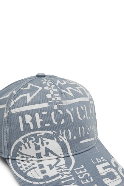 Denim baseball cap close-up with large front print