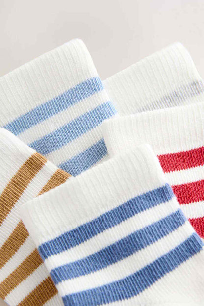Striped ankle socks in white with blue, tan and red bands