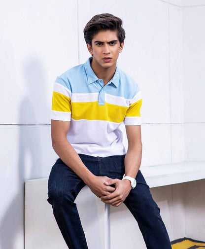 Men's fitted polo shirt with light blue, yellow, and white color-block stripes, button collar