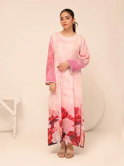 Pink long-sleeve dress with rose floral bottom panel and crew neckline