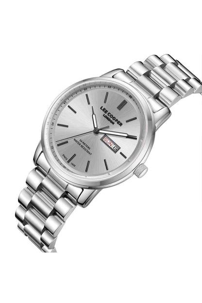 Lee Cooper silver stainless steel wristwatch, angled view of white analog dial