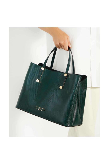 Dark green structured tote bag with top handles and detachable crossbody strap