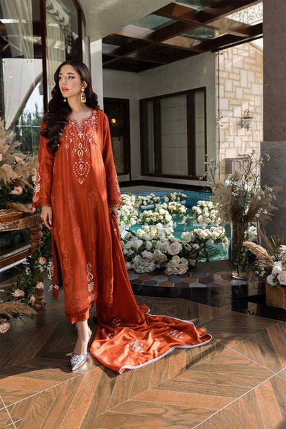 Rust red embroidered kurta dress with round neckline and satin-like dupatta