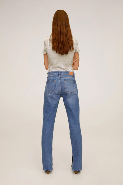 Beige-and-white striped short-sleeve T-shirt, back view, with blue jeans