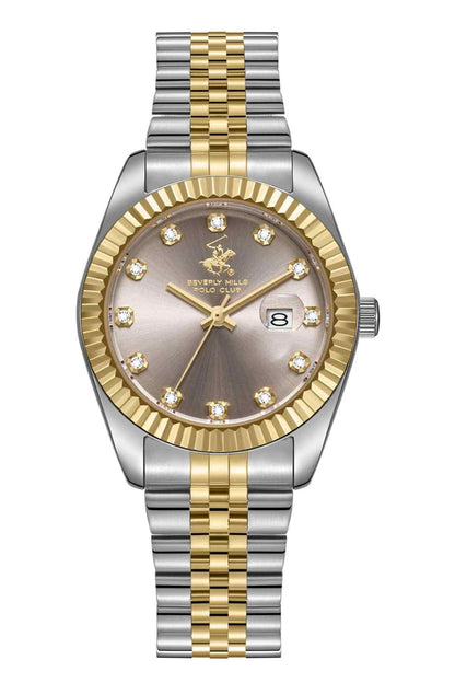 BHPC two-tone wristwatch, gold bezel, crystal markers, date window at 8 o'clock