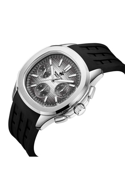 Chronograph wristwatch with black dial, silver case, and black silicone strap