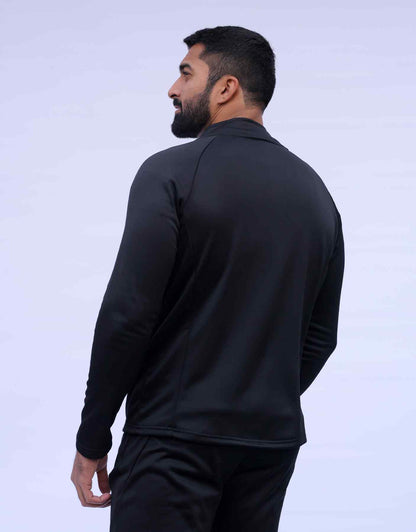 Men's black zip-up athletic jacket, back view with long sleeves