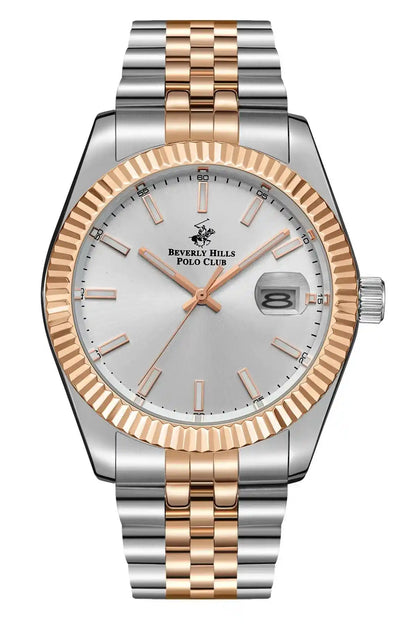 BHPC two-tone wristwatch with silver and gold bracelet, white dial, rose-gold accents