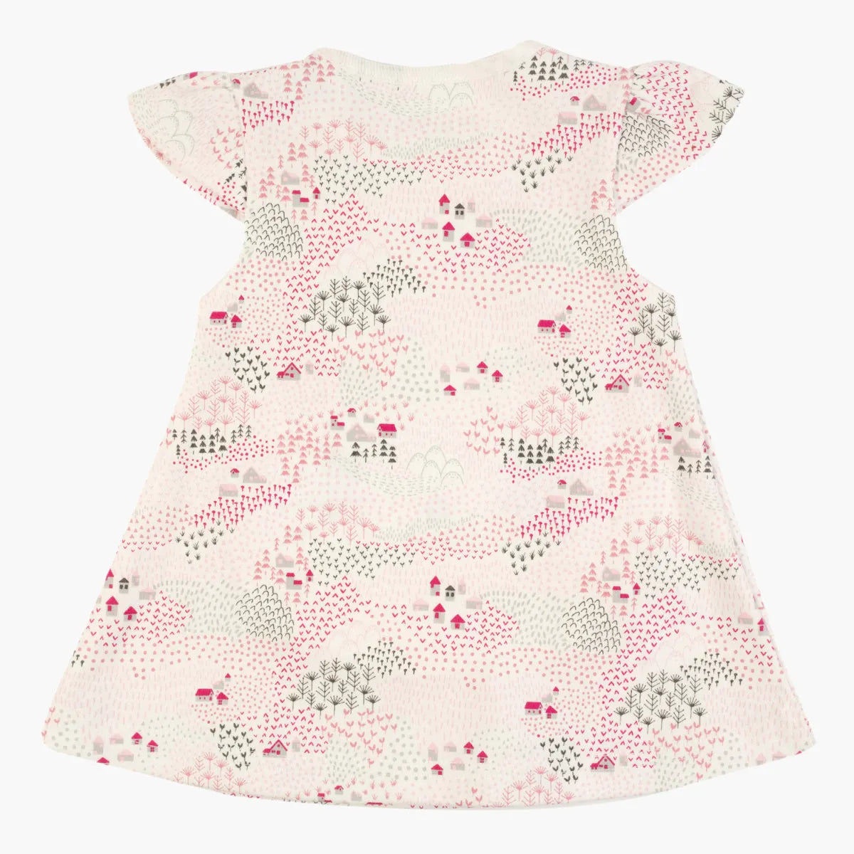 Pink and white baby dress with short sleeves and allover village print