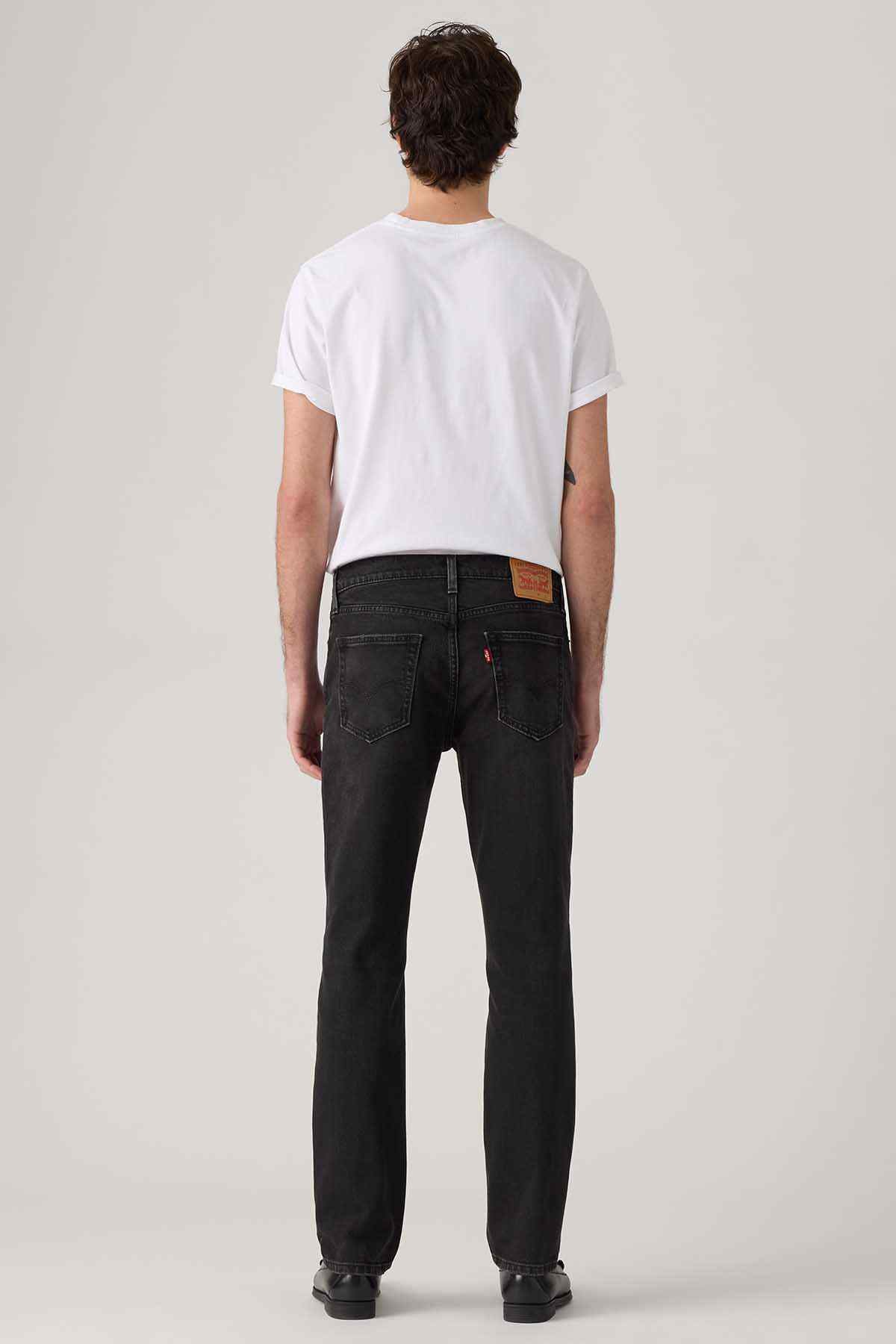 Levi's black denim jeans, back view, straight leg and five-pocket styling