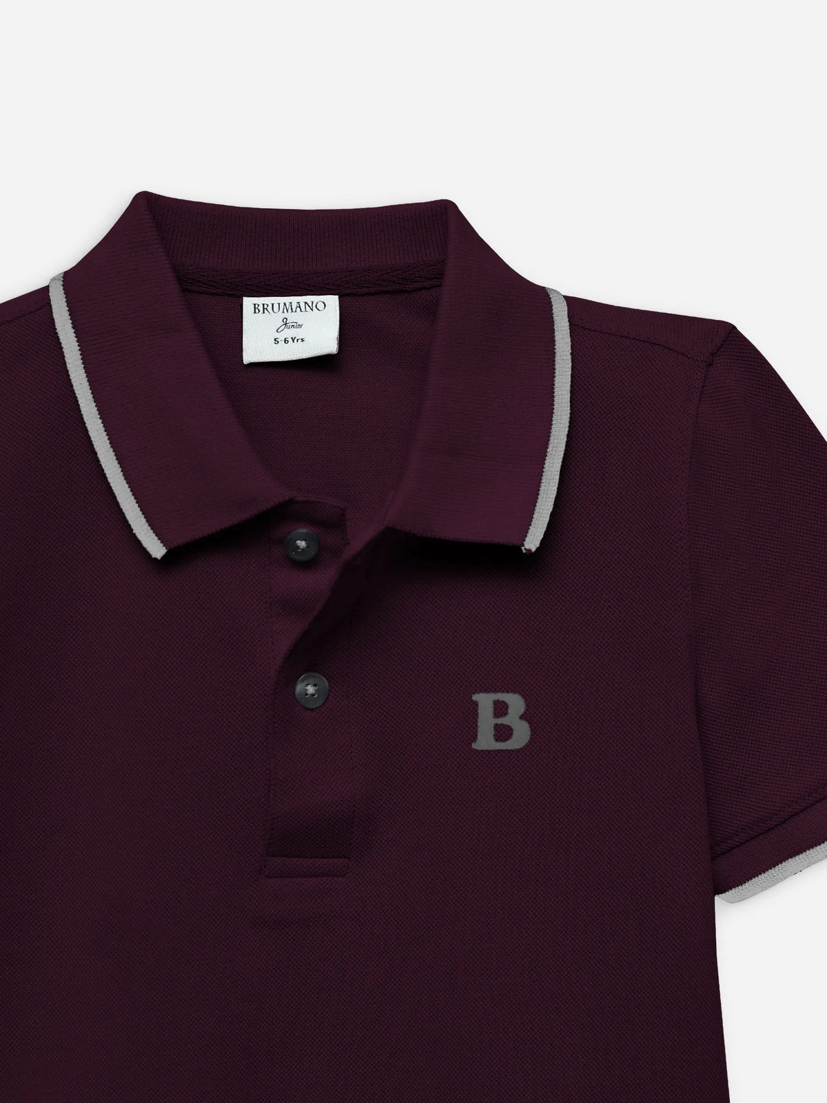 Burgundy cotton polo shirt with contrast collar, front buttons, and letter B logo