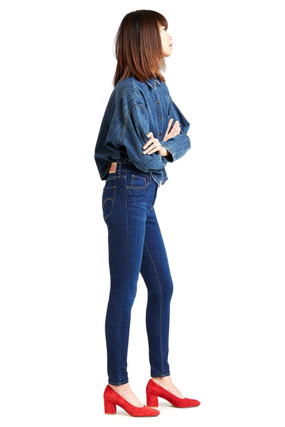 Side view blue denim jacket and skinny jeans set