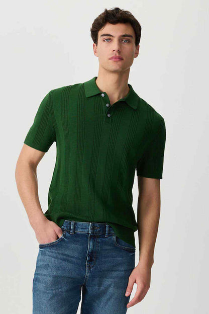 Green NEXT ribbed polo shirt with button placket and short sleeves