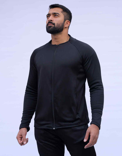 Men's black zip-up athletic jacket, front view with long sleeves