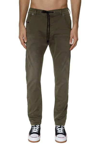 Olive green drawstring jogger pants with button fly and front pockets