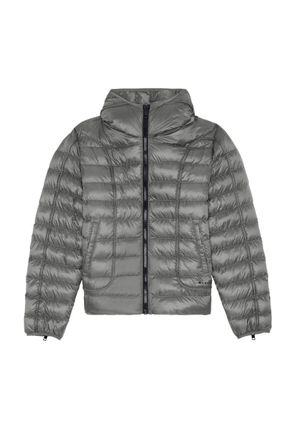 Diesel grey quilted puffer jacket, hooded with zip front and elastic cuffs