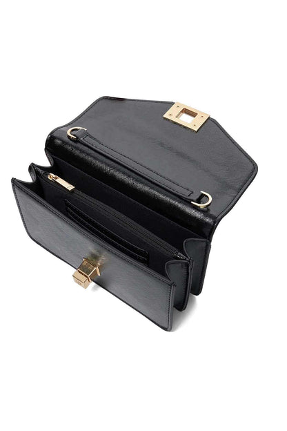 Black crossbody bag opened to show interior compartments and gold-tone clasp
