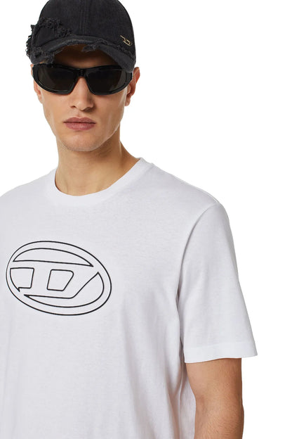 White Diesel logo T-shirt, crew neck; close-up of oval chest emblem