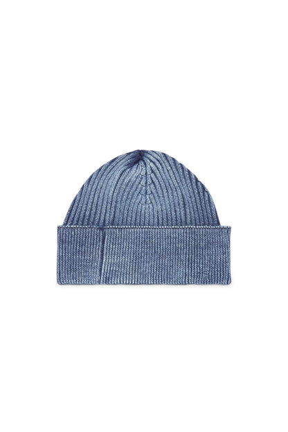 Blue denim knit beanie with ribbed cuff and oval logo patch