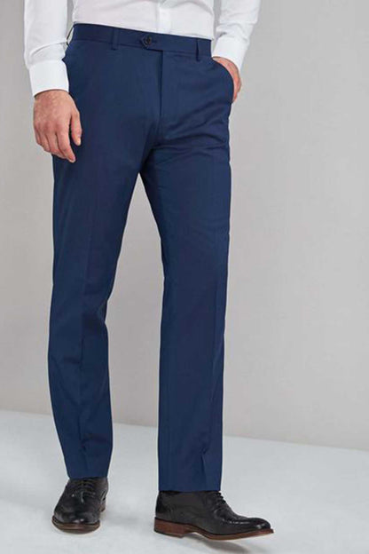 Men's navy blue dress trousers, straight-leg fit, front button closure
