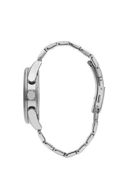Silver metal wristwatch side view with linked bracelet and crown at case
