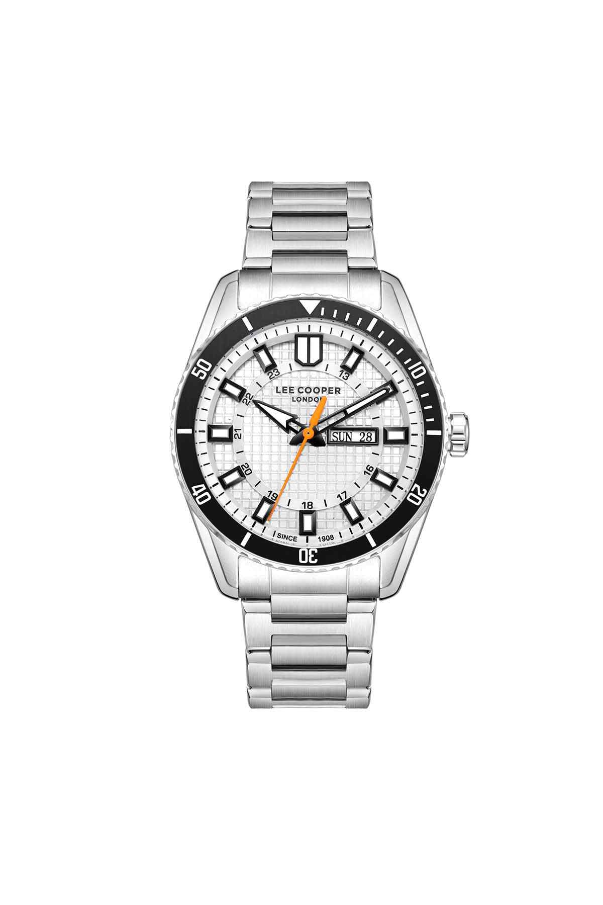 Lee Cooper men's stainless watch with metal bracelet, white dial, orange accents