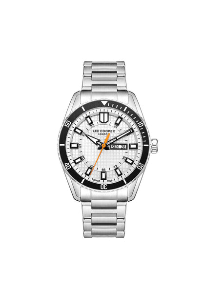 Lee Cooper men's stainless watch with metal bracelet, white dial, orange accents