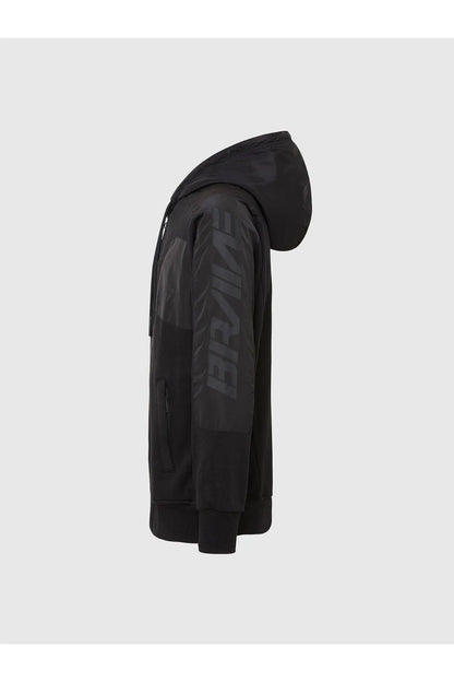 Diesel black zip-front hooded jacket, side view with sleeve graphic detail