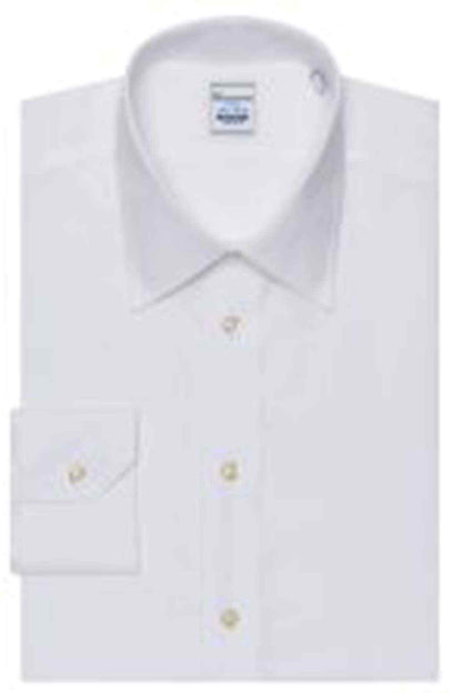 White dress shirt front with spread collar and buttoned cuffs