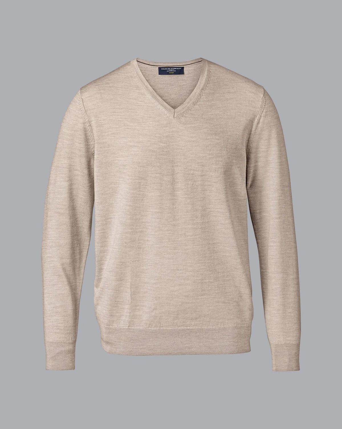 Men's beige V-neck knit sweater, ribbed cuffs and hem