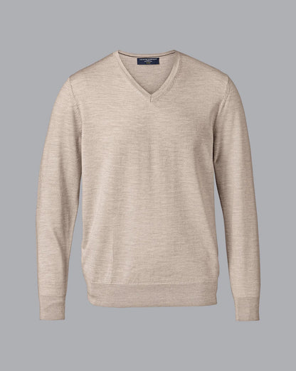 Men's beige V-neck knit sweater, ribbed cuffs and hem
