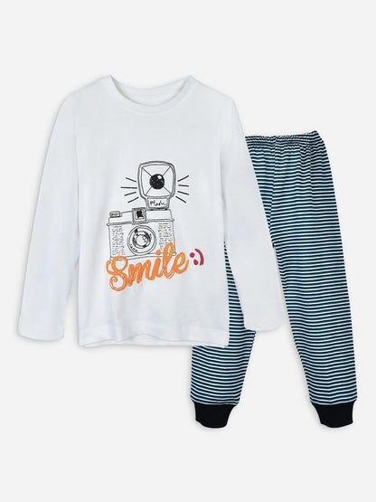 Cotton pajama set: white long-sleeve shirt with robot camera graphic, navy striped pants