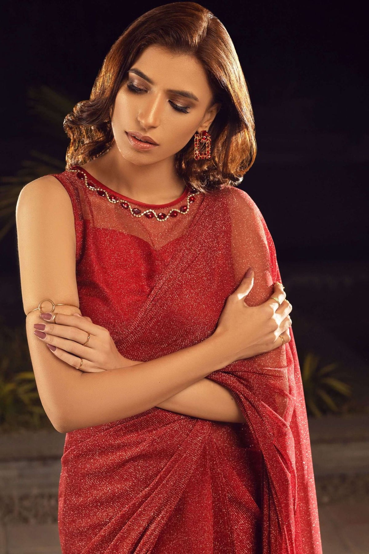 Red velour sleeveless dress with beaded neckline and layered bodice drape
