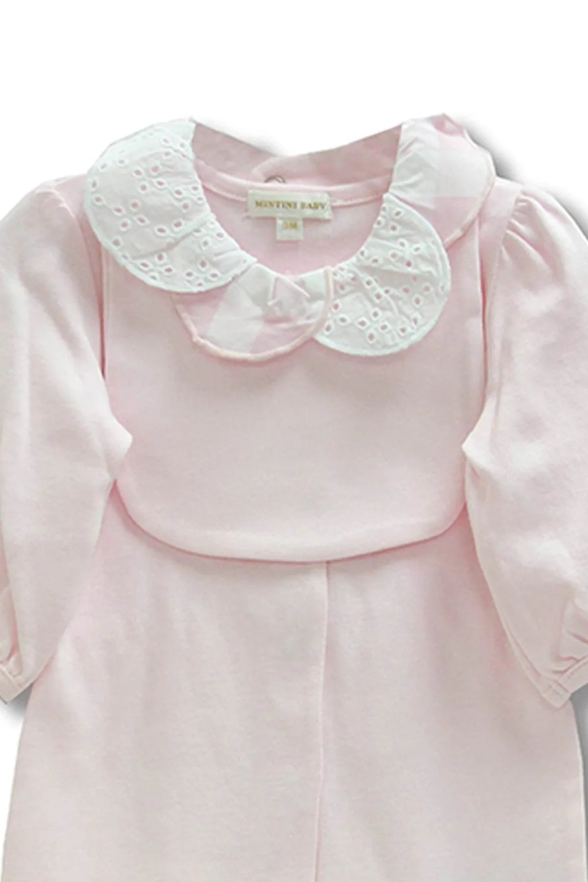 Pink baby romper with white embroidered Peter Pan collar and ruffled neckline