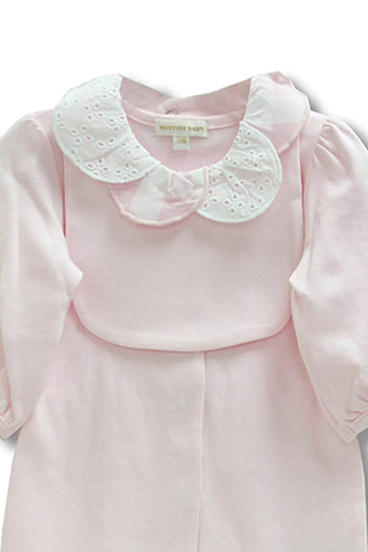 Pink baby romper with white embroidered Peter Pan collar and ruffled neckline