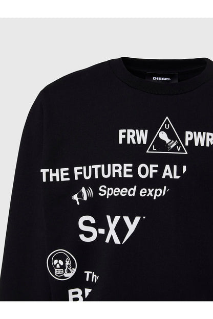 Black Diesel sweatshirt chest graphic with 'FRW PWR' and 'THE FUTURE OF AL'