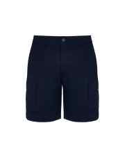 Navy blue cargo shorts with belt loops and front button closure