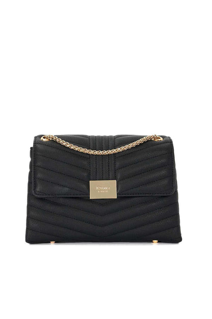 Black quilted shoulder bag with gold chain strap and front flap closure