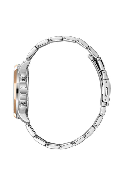 Silver metal watch case and bracelet, side buttons and crown