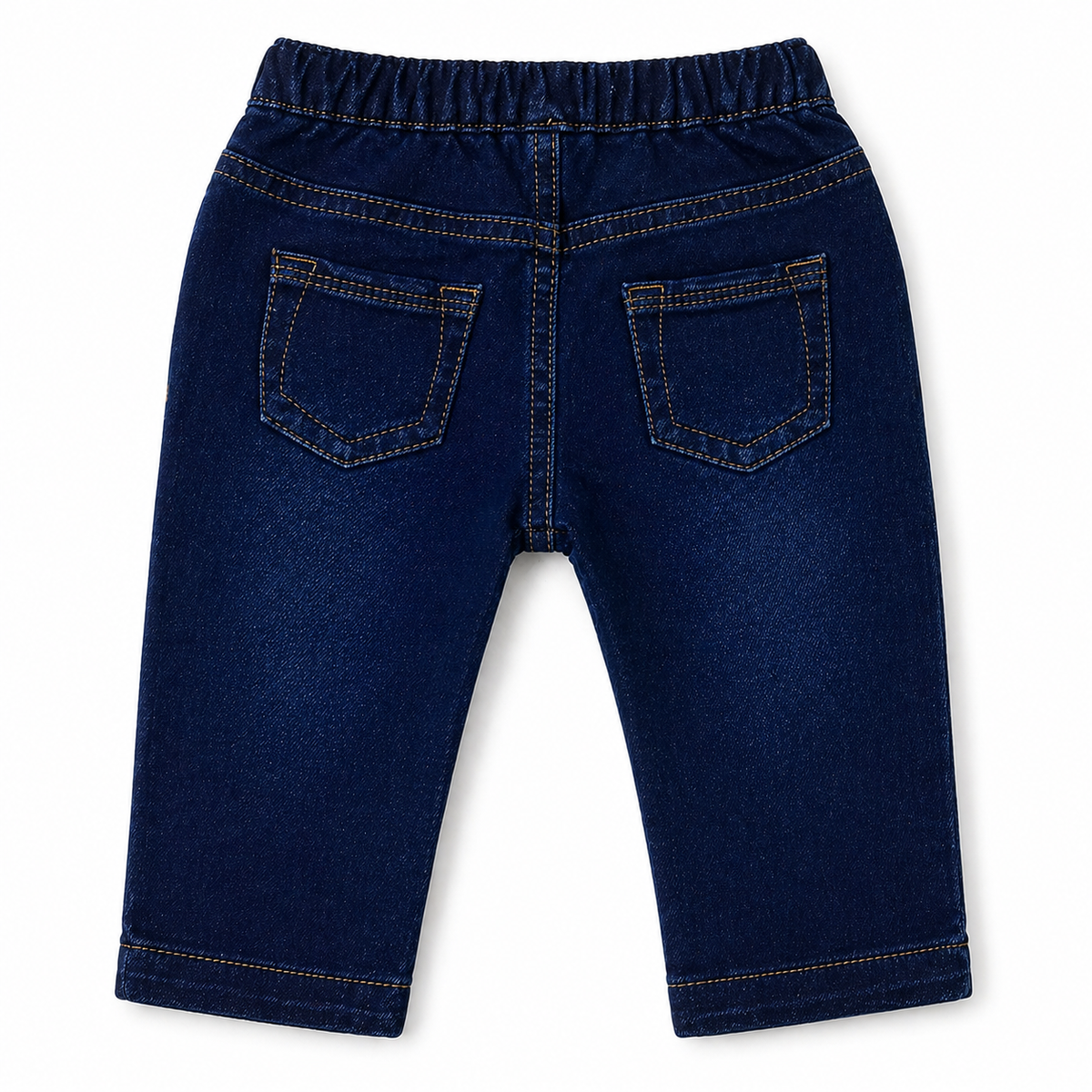 Baby denim pants dark blue front with elastic waist, patch pockets, stitched seams