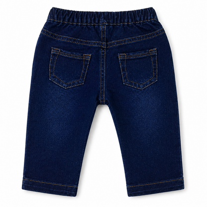 Baby denim pants dark blue front with elastic waist, patch pockets, stitched seams