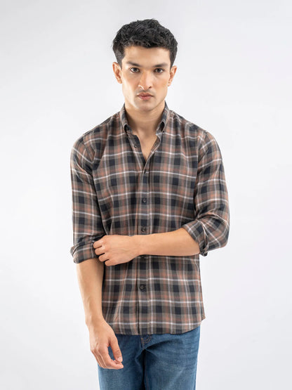 Men's button-up plaid cotton shirt with collar, long sleeves, front buttons