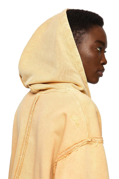Orange hoodie side view with embroidered logo and drawstring hood
