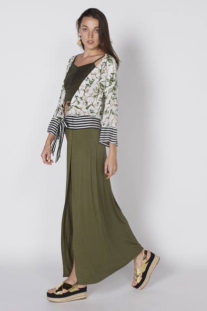 Floral kimono layer over olive maxi dress with striped waist tie and side slit