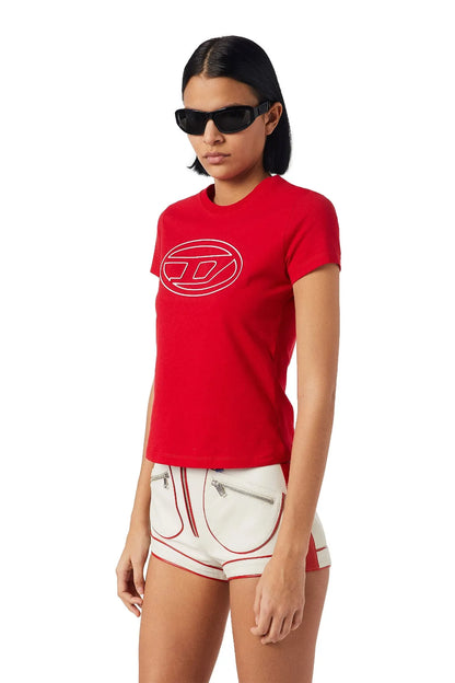 Diesel red T-shirt with oval logo graphic on front, side angle